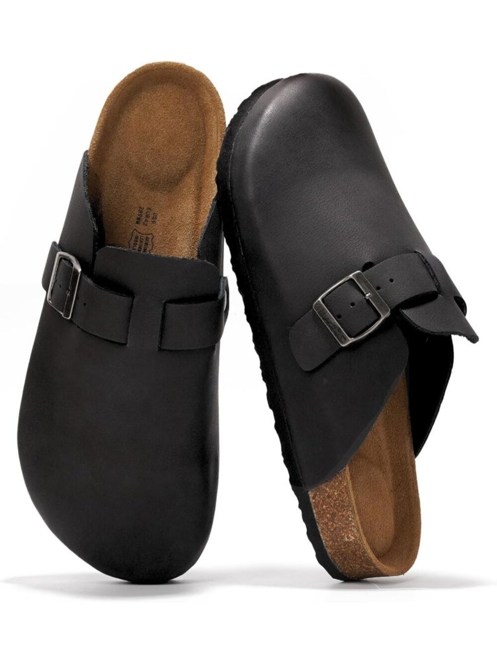 Mens Black Suede Leather Cloud Full Grain Genuine Leather Buckle Closure Clogs